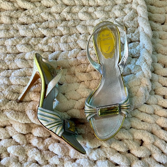 Rene Caovilla Bejeweled Rhinestone Buckle Metallic Leather Snakeskin Heel Sandal - Picture 2 of 11